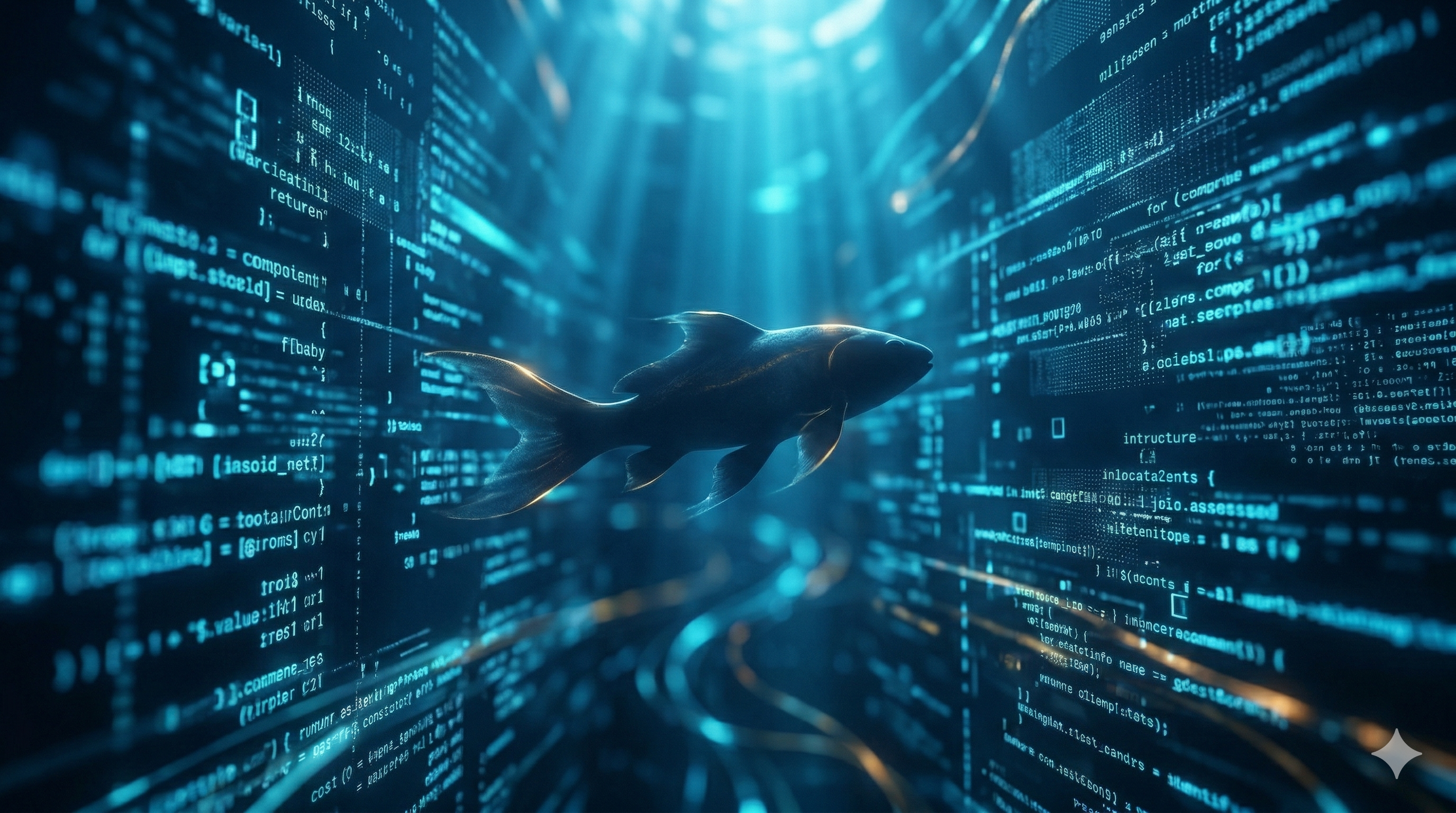 Pez solitario nadando entre corrientes de código luminoso — metáfora de la IA en su medio natural