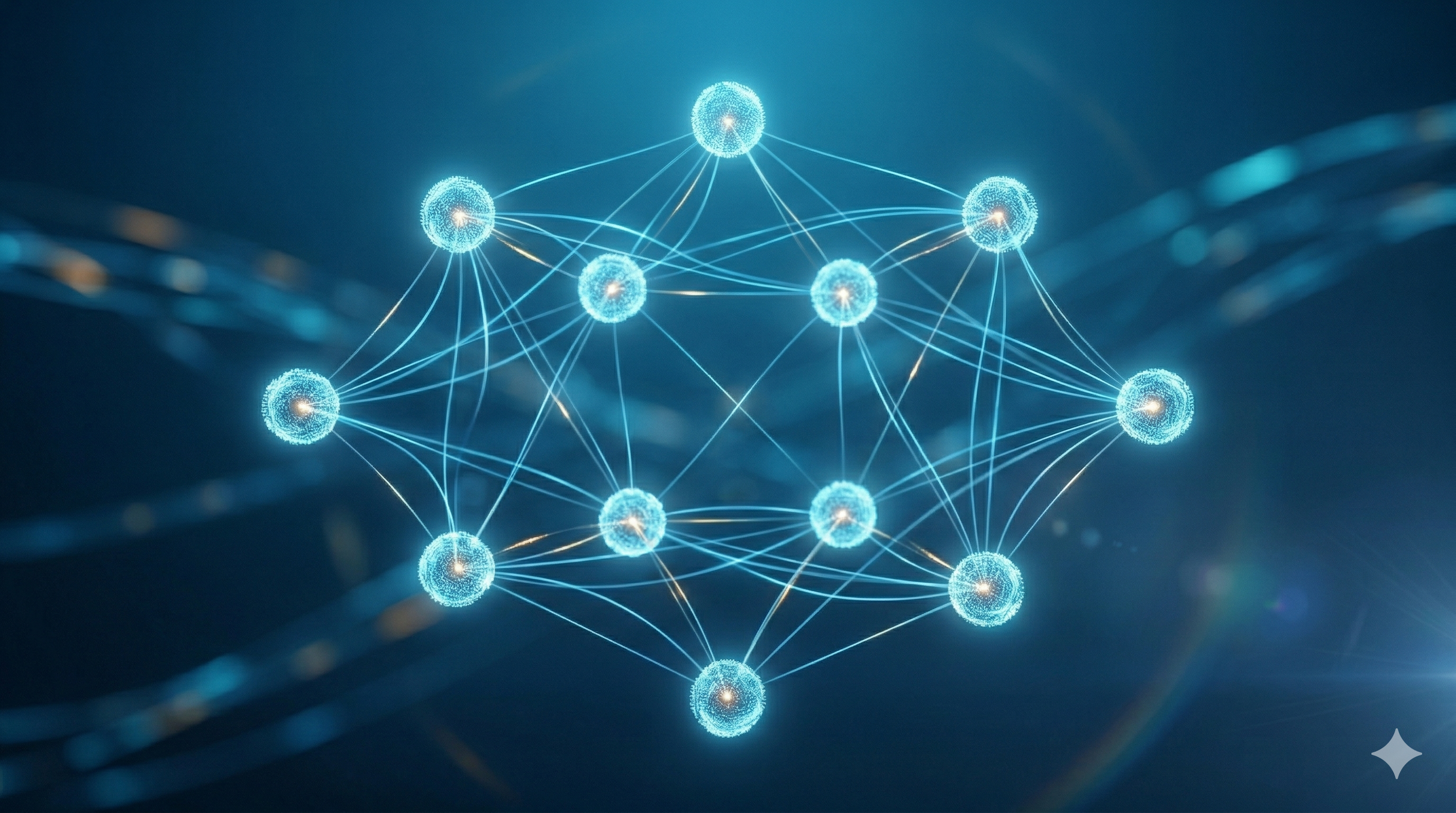 Doce nodos luminosos interconectados formando una red de defensa — representación de Project Glasswing