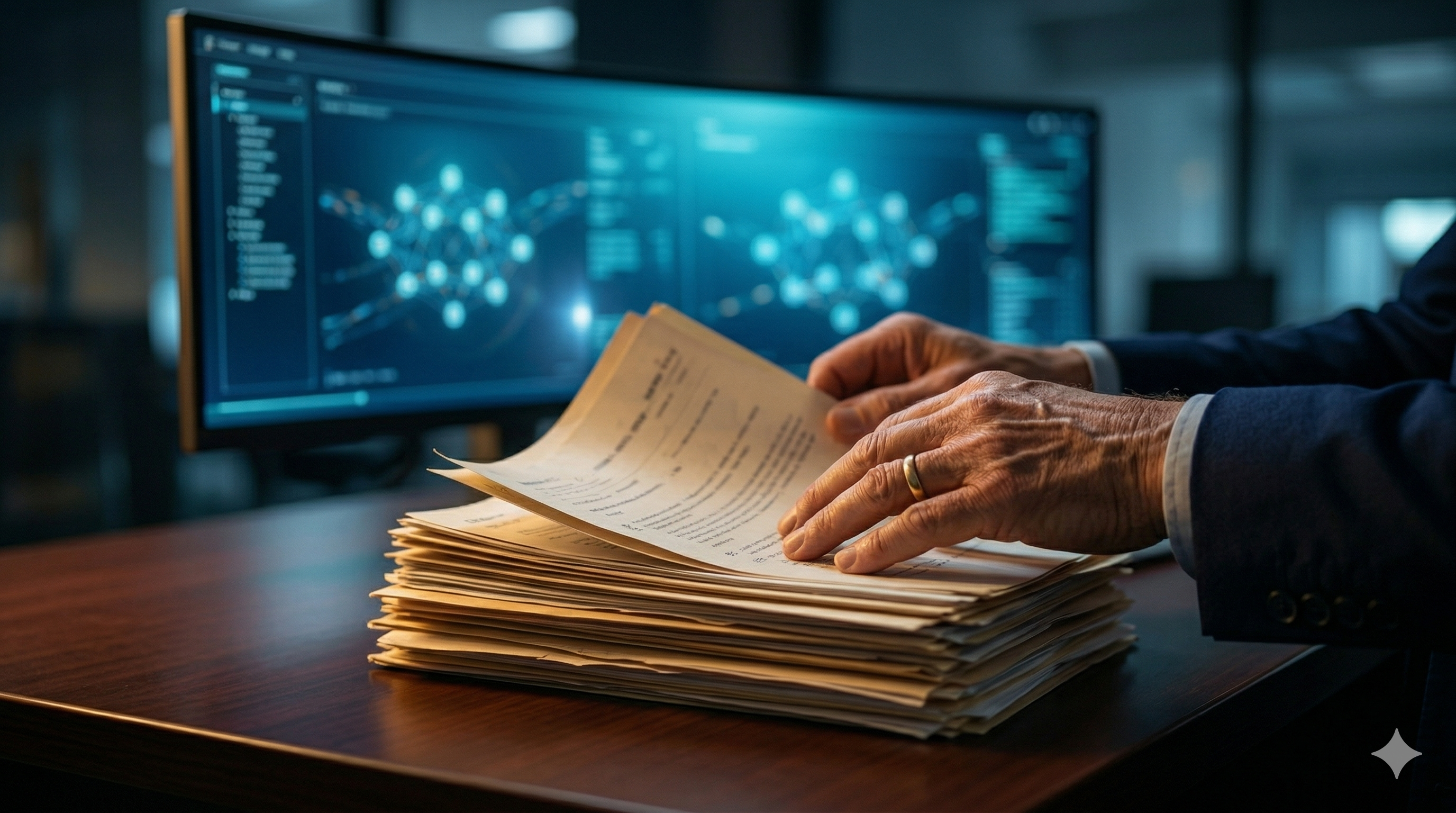 Manos profesionales revisando documentos en papel mientras una pantalla de IA permanece sin usar al fondo